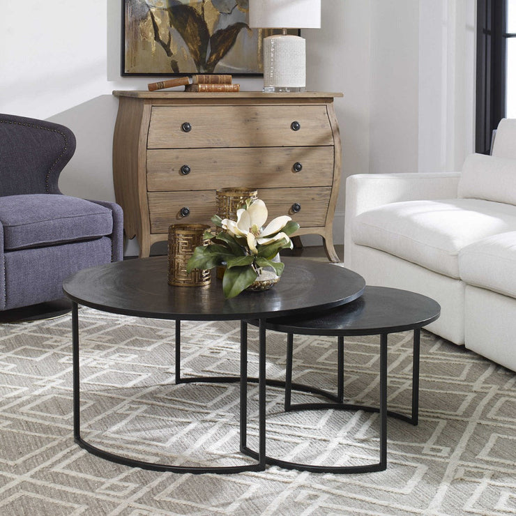 Uttermost Barnette Black Top with Aged Black Iron Base Set of 2 Coffee Nesting Tables