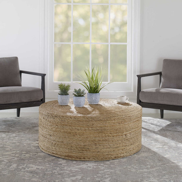 Uttermost Rora Natural Woven Banana Plant Wrapped Coastal Style Round Coffee Table
