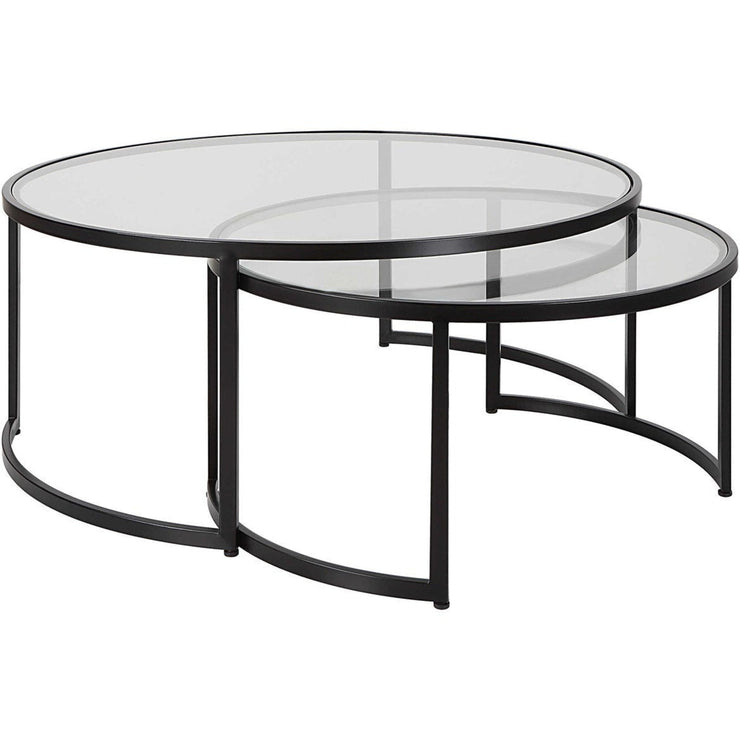 Uttermost Rhea Glass Tops with Black Iron Bases Set of 2 Round Modern Nesting Coffee Tables