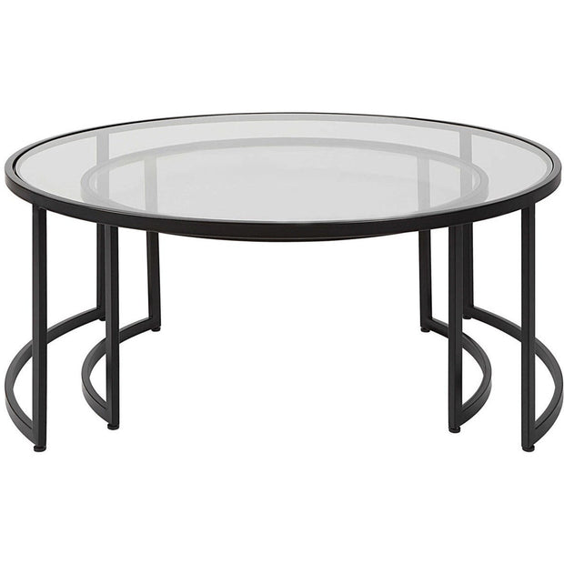 Uttermost Rhea Glass Tops with Black Iron Bases Set of 2 Round Modern Nesting Coffee Tables