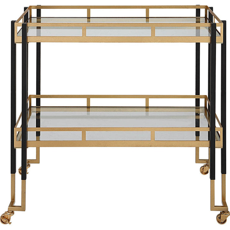 Uttermost Kentmore Glass With Matte Black and Brushed Gold Iron Contemporary Bar Cart