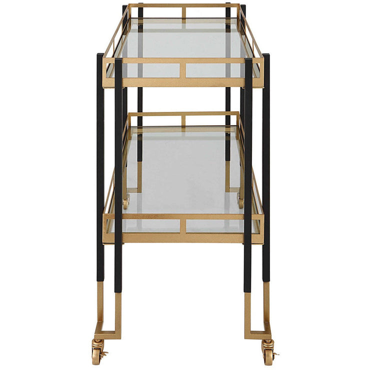 Uttermost Kentmore Glass With Matte Black and Brushed Gold Iron Contemporary Bar Cart