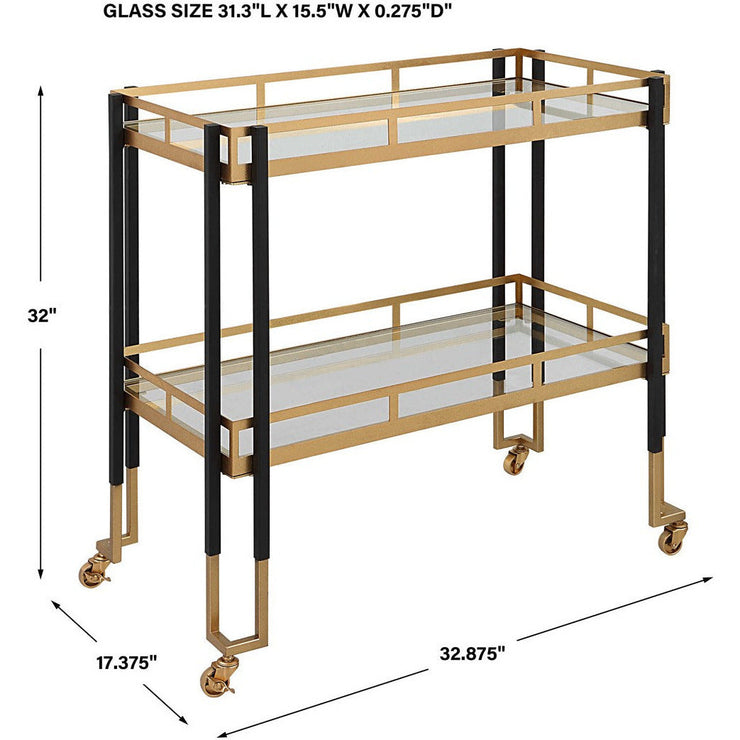 Uttermost Kentmore Glass With Matte Black and Brushed Gold Iron Contemporary Bar Cart