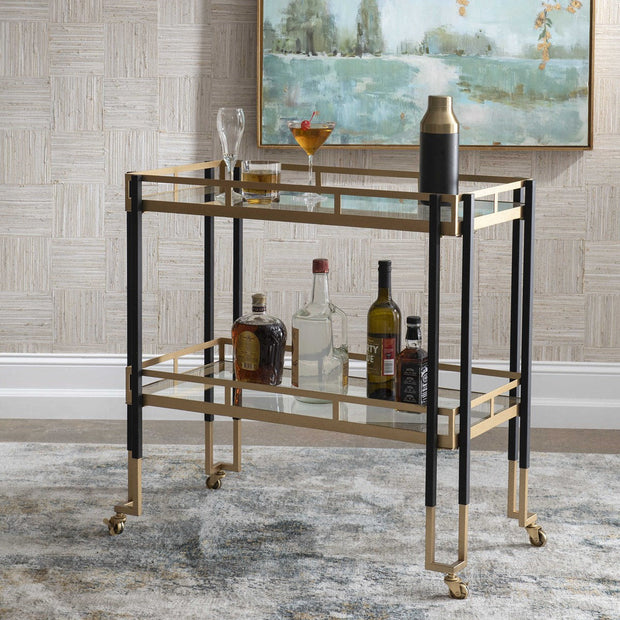 Uttermost Kentmore Glass With Matte Black and Brushed Gold Iron Contemporary Bar Cart