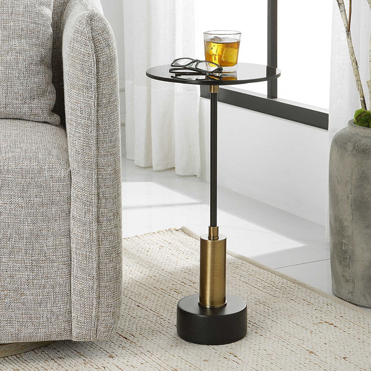 Uttermost Spector Black Glass Top With Brushed Brass Black Iron Modern Round Accent Table