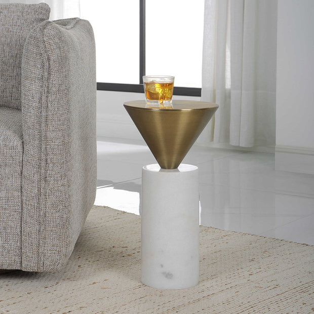 Uttermost Top Hat Brushed Brass Top With White Marble Base Modern Drink Table