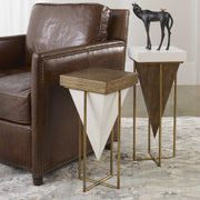 Uttermost Kanos Gloss White and Walnut Tops With Antique Gold Bases Set of 2 Modern Accent Tables