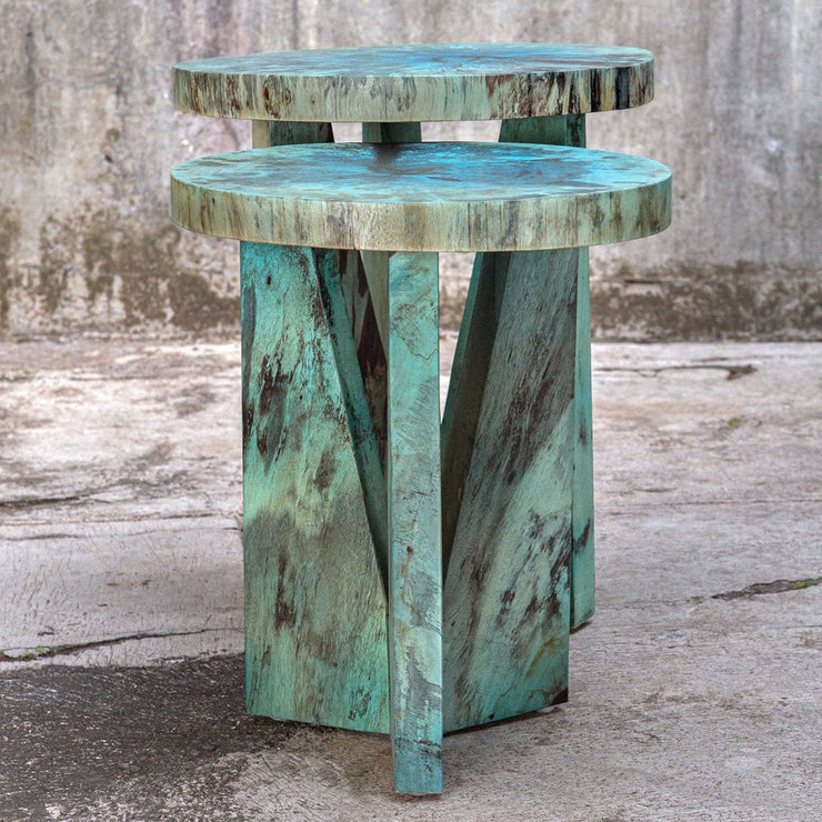 Uttermost Nadette Blue Green Wood Set of 2 Nesting Tables