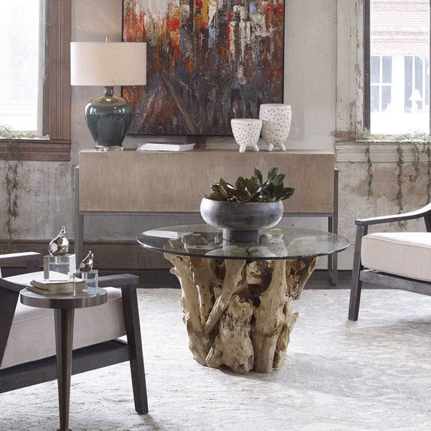 Uttermost Driftwood Glass Top With Pieced Teak Wood Rustic Modern Round Coffee Table