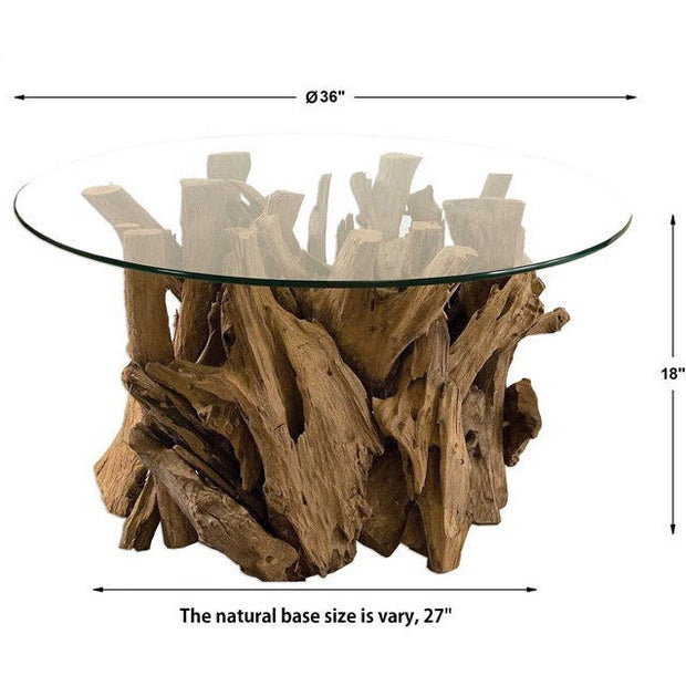Uttermost Driftwood Glass Top With Pieced Teak Wood Rustic Modern Round Coffee Table