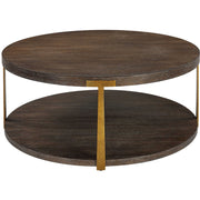Uttermost Palisade Rich Coffee Finished Oak Top with Antiqued Gold Metal Modern Round Coffee Table