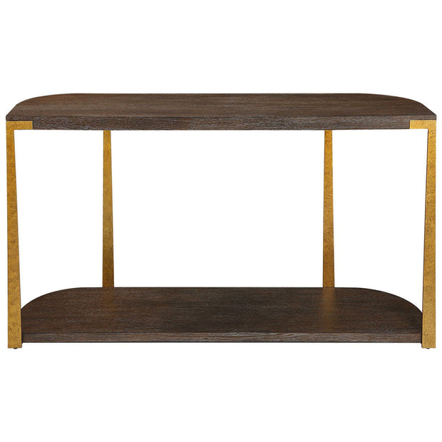 Uttermost Palisade Rich Coffee Finished Oak With Antiqued Gold Metal Modern Console Table