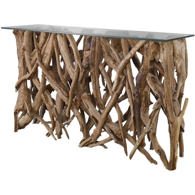 Uttermost Glass Top With Natural Sculptural Teak Wood Organic Modern Console Table