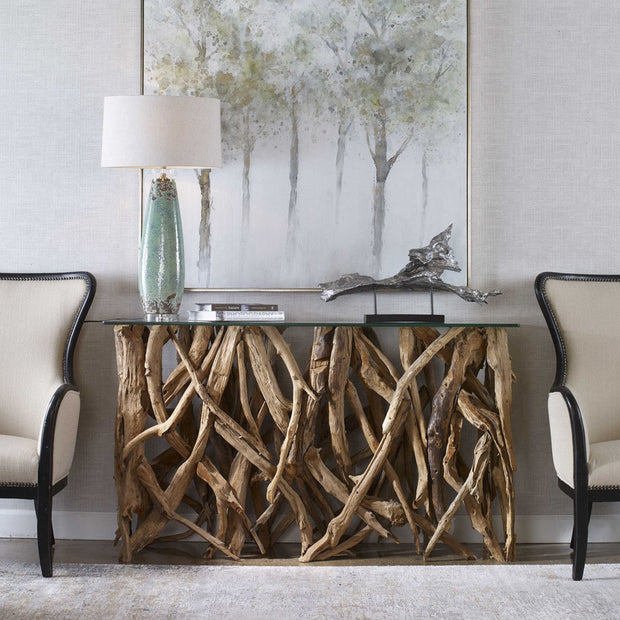 Uttermost Glass Top With Natural Sculptural Teak Wood Organic Modern Console Table