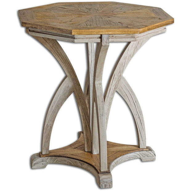 Uttermost Ranen Golden Mango and Aged White Carved Mindi Wood Round Side Table