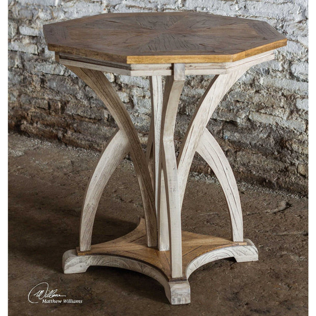 Uttermost Ranen Golden Mango and Aged White Carved Mindi Wood Round Side Table