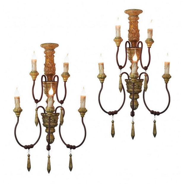 Provence Home Set of 2 Distressed Aged Gold Carved Wood Antiqued Metal Wall Sconces