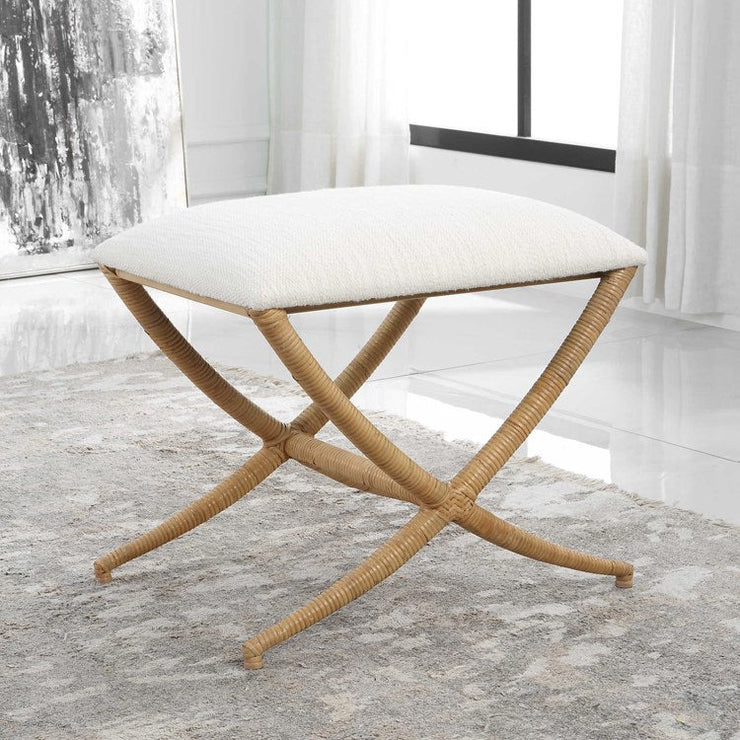 Uttermost Expedition Textured White Performance Fabric Upholstered Seat Natural Rattan Bench