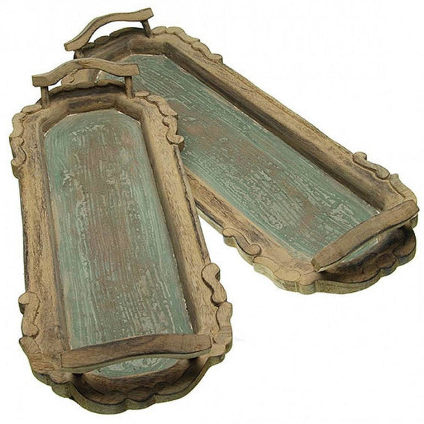 Provence Home Distressed Set of 2 Antiqued Carved Wood Trays