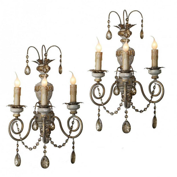 Provence Home Set of 2 Distressed French Grey & Gold Carved Wood Antiqued Metal Wall Sconces