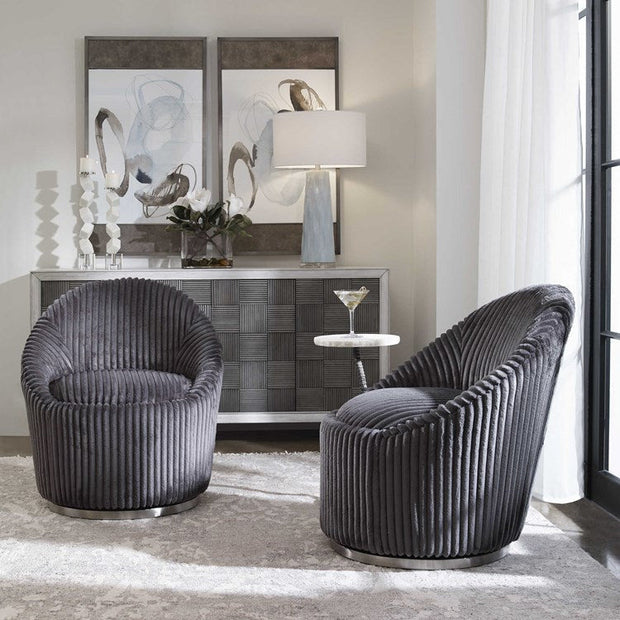 Uttermost Crue Luxurious Fluted Gunmetal Chenille Swivel Chair