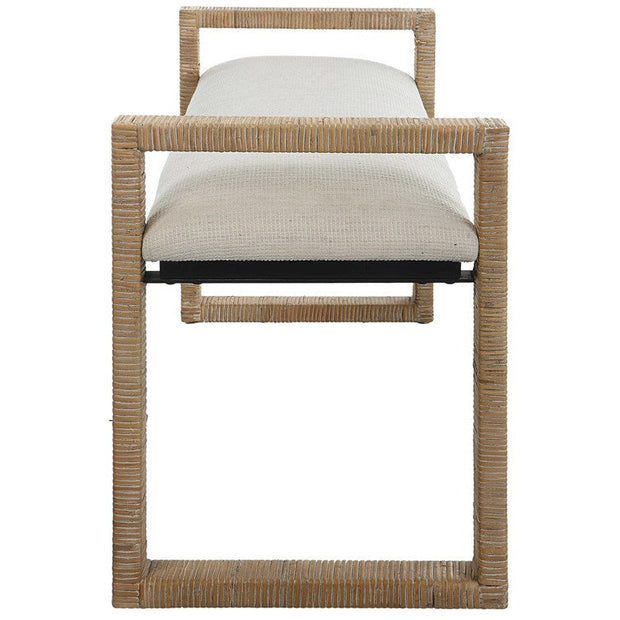 Uttermost Areca Textured Oatmeal Performance Fabric Upholstered Seat Natural Rattan Bench