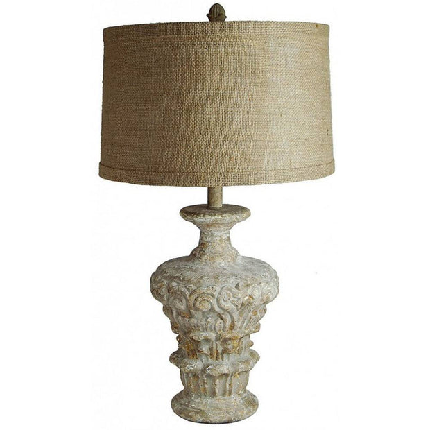 Provence Home Distressed French Grey & Gold Carved Wood Table Lamp With Natural Linen Shade