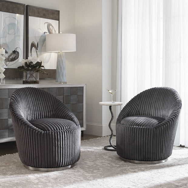 Uttermost Crue Luxurious Fluted Gunmetal Chenille Swivel Chair