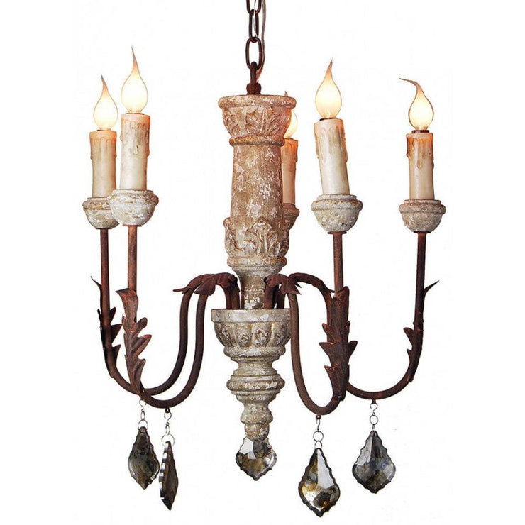 Provence Home Distressed Aged Grey & Gold Carved Wood Antiqued Metal Chandelier