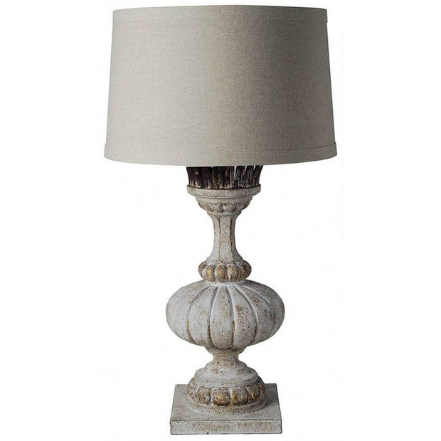 Provence Home Antiqued White Carved Wood Table Lamp With Linen Shade