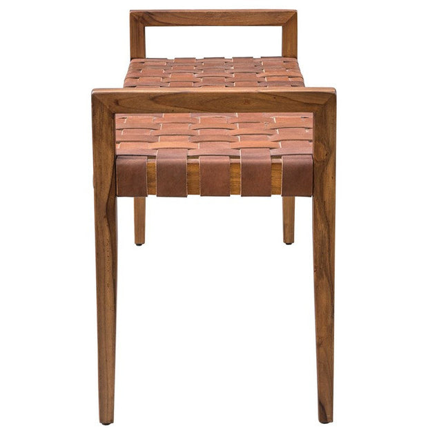 Uttermost Plait Cognac Leather Basket Weave Mid Century Modern Wood Bench