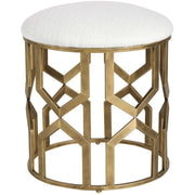 Uttermost Trellis Crisp White Fabric Cushion Seat Modern Brushed Brass Round Accent Stool