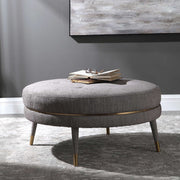 Uttermost Blake Plush Button Tufted Taupe-Brown Linen Modern Round Ottoman With Brushed Brass