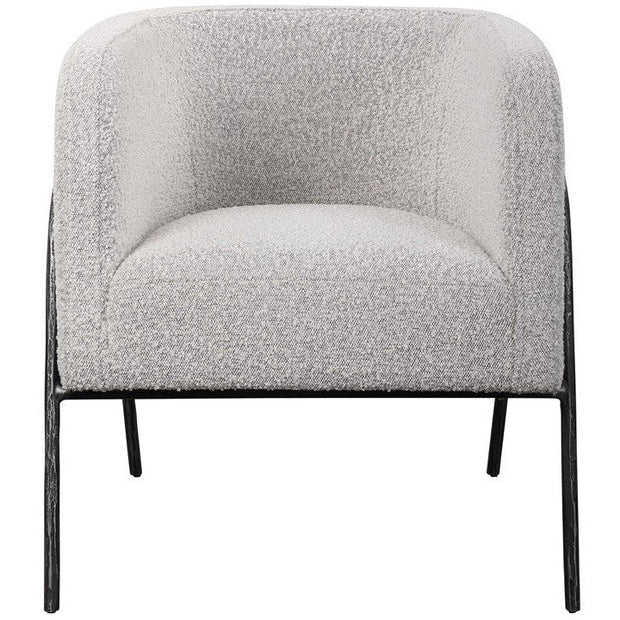 Uttermost Jacobsen Gray Boucle Fabric With Aged Black Iron Barrel Accent Chair