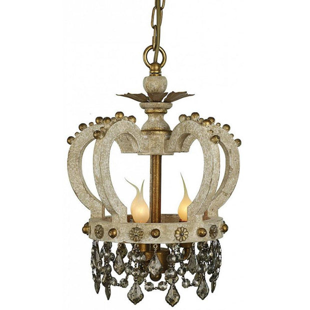 Provence Home Distressed Aged Carved Wood Crown Chandelier With Antiqued Crystals