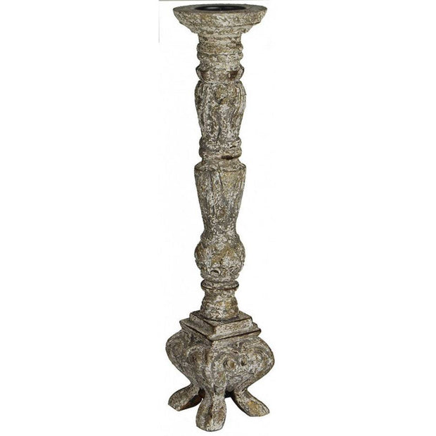 Provence Home Distressed French Grey Antiqued Carved Wood Candle Holder