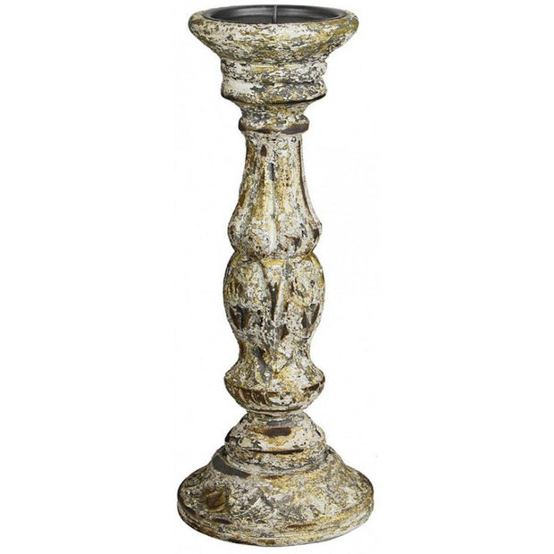 Provence Home Distressed French Grey, White & Gold Antiqued Carved Wood Candle Holder