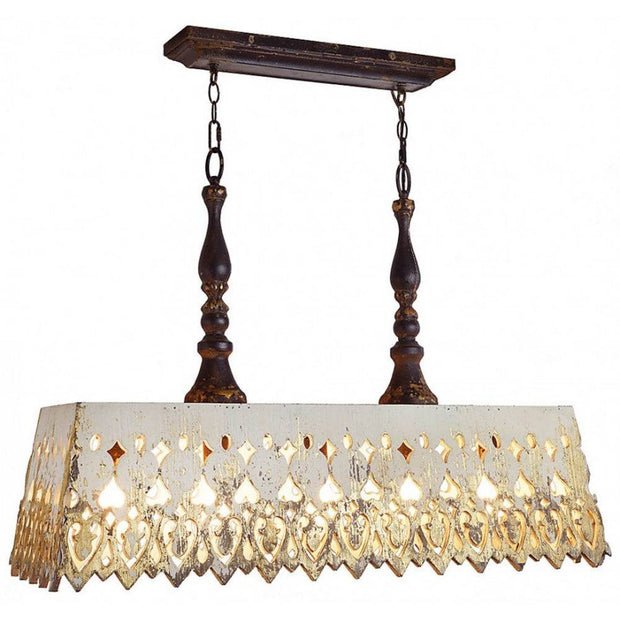 Provence Home Distressed Cream & Gold Carved Wood Shade Pendant Light Chandelier