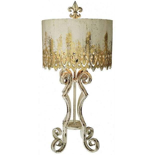 Provence Home Antiqued Cream Metal Table Lamp With Distressed Cream & Gold Carved Wood Shade