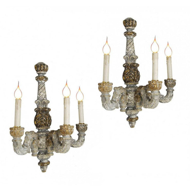 Provence Home Set of 2 Distressed French Grey & Gold Antiqued Carved Wood Wall Sconces