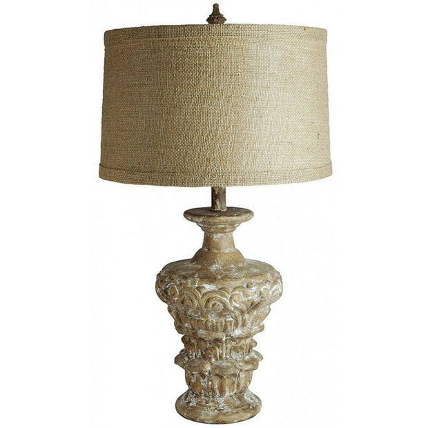 Provence Home Distressed Taupe Carved Wood Table Lamp With Natural Linen Shade