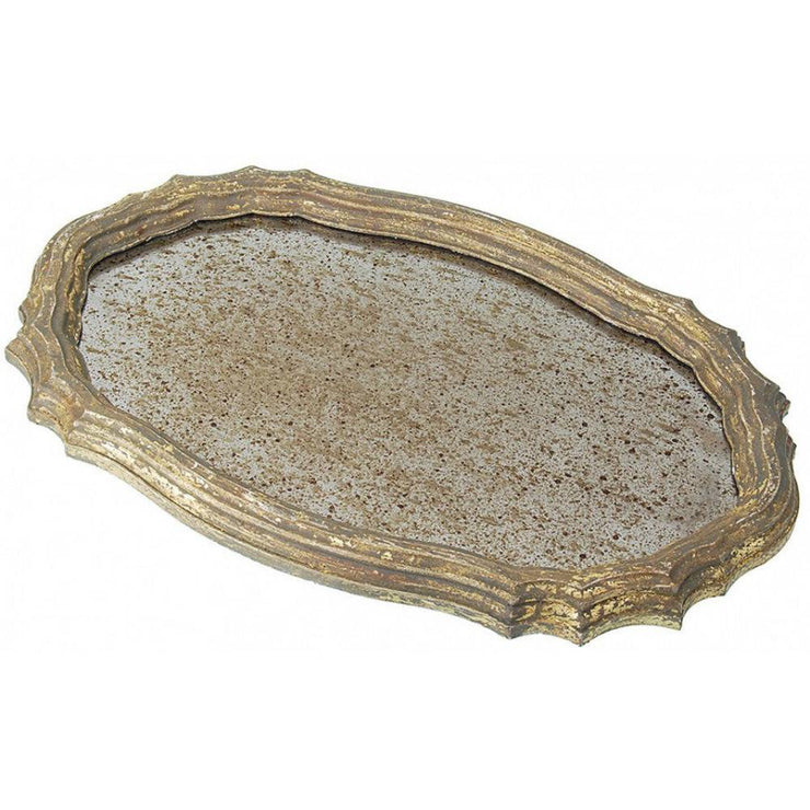 Provence Home Distressed Aged Gold Antiqued Mirror Carved Wood Tray