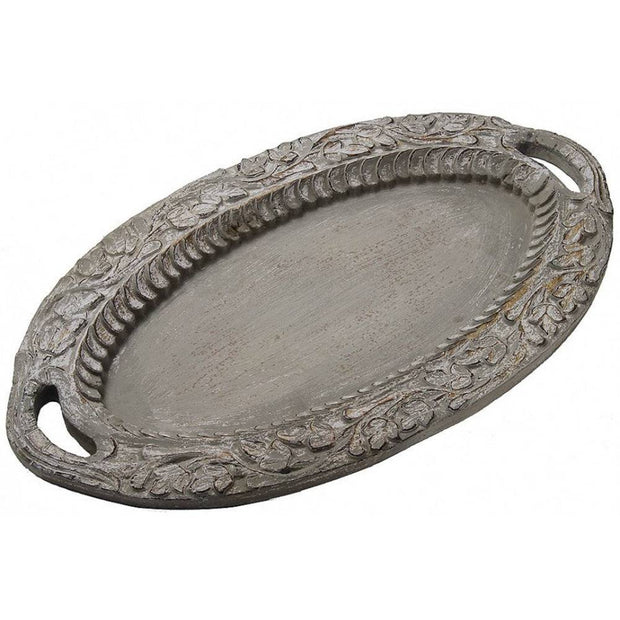 Provence Home Distressed Charcoal Grey Antiqued Carved Wood Tray