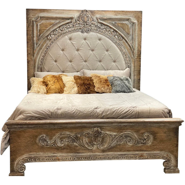 Casa Bonita Peruvian Hand-Painted Carved Wood and Tufted Linen Francesca King Size Bed