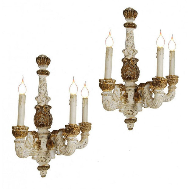 Provence Home Set of 2 Distressed White & Gold Antiqued Carved Wood Wall Sconces