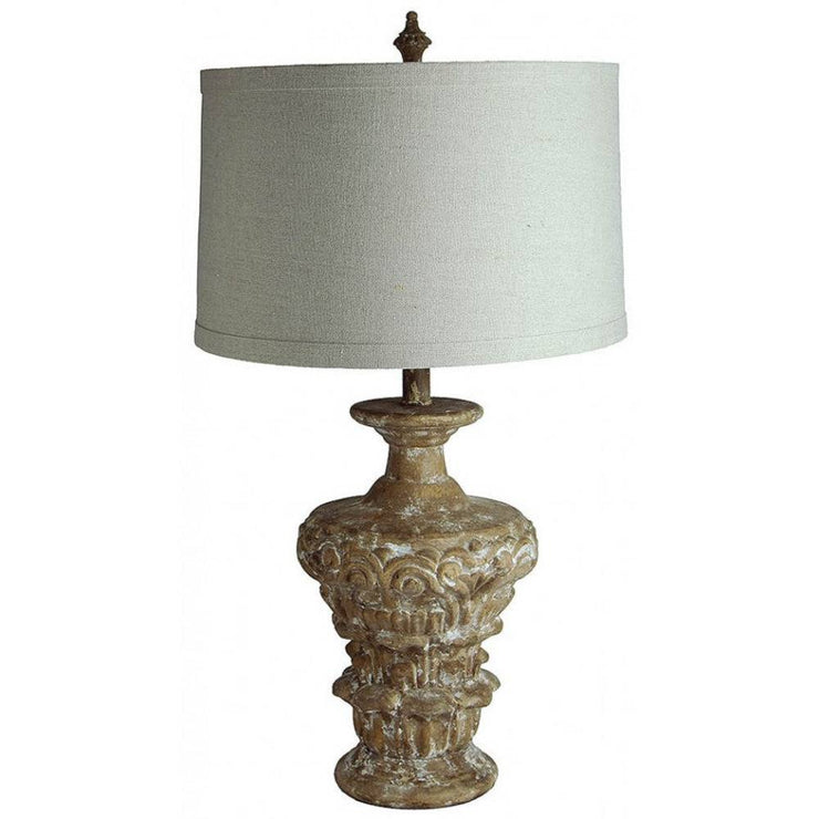 Provence Home Distressed Taupe Carved Wood Table Lamp With White Linen Shade