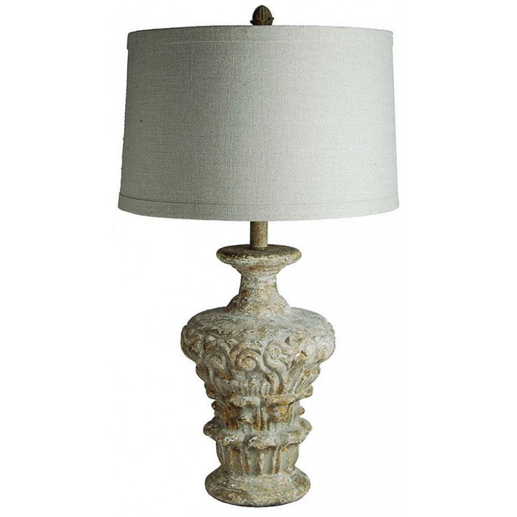 Provence Home Distressed French Grey & Gold Carved Wood Table Lamp With White Linen Shade