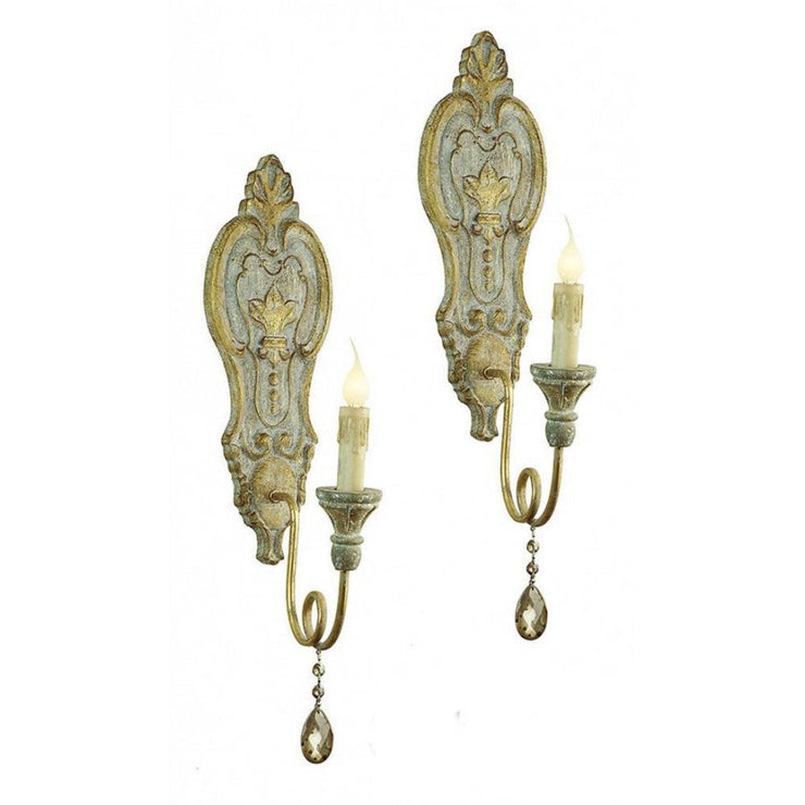 Provence Home Set of 2 Distressed French Blue & Gold Carved Wood Antiqued Metal Wall Sconces