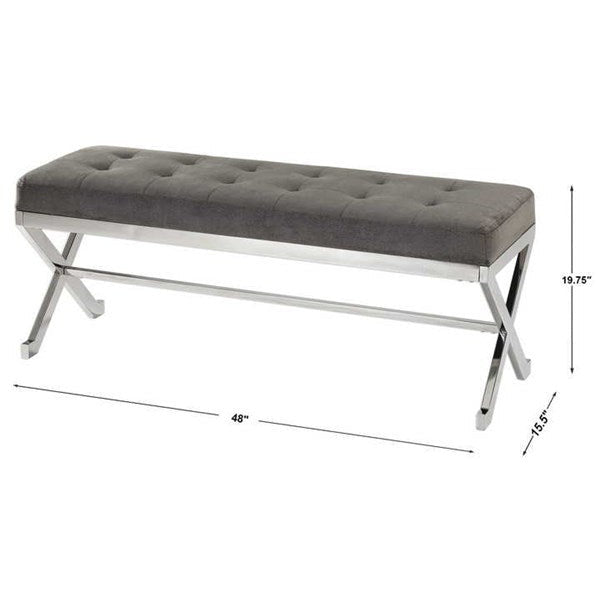 Uttermost Bijou Plush Button Tufted Gray Fabric Seat Contemporary Polished Stainless Steel Bench