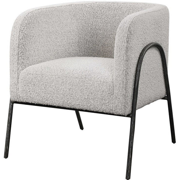 Uttermost Jacobsen Gray Boucle Fabric With Aged Black Iron Barrel Accent Chair